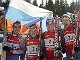 Российские биатлонисты выиграли эстафету Российские биатлонисты выиграли эстафету