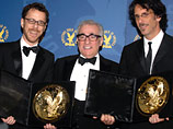 Братья Джоэль и Этан Коэны получили высшую награду Гильдии режиссеров США за черный вестерн "Нет места старикам". Приз братьям Коэнам вручал Мартин Скорсезе (на фото в центре)