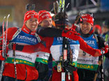 Норвежские биатлонисты празднуют победу на пятом этапе розыгрыша Кубка мира в Рупольдинге