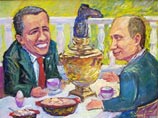 На первой картине художник изобразил улыбающихся Путина и Обаму возле стола, на котором стоят самовар с сапогом, пельмени из перепелки и фаршированное черной икрой яйцо