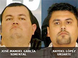 Мексиканские власти выставили на прилюдное обозрение одного из влиятельных руководителей тихуанского наркокартеля - 30-летнего Райделя Лопеса Уриарте(справа)