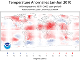Аномалии температуры воды и суши Земного шара с января по июнь 2010 года в сравнении со средней температурой с января по июнь за период 1971-2000 годов