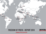 В 2010 году случаи гибели журналистов зафиксированы в 25 странах. В общей сложности с жизнью расстались 57 журналистов, что на 25% меньше, чем в 2009 году (76 жертв), отмечается в докладе. Худшие показатели у Пакистана (11 погибших), Мексики и Ирака (по 7