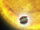 Перед нами - состоящая из газа планета, которая вращается вокруг звезды, чья температура выше, чем у Солнца
