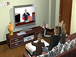 Выступая по телевидению, глава государства с победным видом бьет себя кулаками в грудь, вызывая одобрение сидящей перед экраном российской семьи