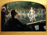 Картину, на которой обнаженная Волочкова, сбрасывая с себя простыню, радостно бежит на сцену, полную балерин в пачках, Андрей Будаев назвал "Однопартийцы"