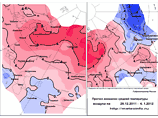 Прогноз аномалий средней температуры на декаду (с 26.12.2011 по 4.1.2012) по территории России 