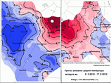 Прогноз аномалий средней температуры на декаду (с 8.2.2012 по 17.2.2012) по территории России 