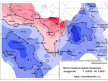 Прогноз аномалий средней температуры на декаду (с 7.3.2012 по 16.3.2012) по территории России