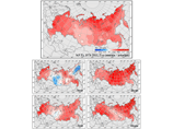 Распределение коэффициентов линейного тренда среднегодовой и  средних сезонных значений температуры приземного воздуха на территории России  за период 1976-2011 гг. (в oC/10 лет)