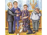 "За создание городка Пузик получил золотые часы из лап лабрадора Конни". Тут же корявенько нарисованы Владимир Владимирович и еще некто. То ли охранник, то ли Дмитрий Анатольевич" "За создание городка Пузик получил золотые часы из лап лабрадора Конни". Тут же корявенько нарисованы Владимир Владимирович и еще некто. То ли охранник, то ли Дмитрий Анатольевич"