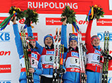 Женская сборная России завоевала золото в эстафете 4х6 км на пятом этапе Кубка мира по биатлону в немецком Рупольдинге