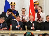 Президент РФ Владимир Путин, председатель Госсовета - парламента Крыма Владимир Константинов, премьер Крыма Сергей Аксенов и уполномоченный города Севастополя Алексей Чалый подписали договор о принятии Крыма, включая Севастополь, в состав России Президент РФ Владимир Путин, председатель Госсовета - парламента Крыма Владимир Константинов, премьер Крыма Сергей Аксенов и уполномоченный города Севастополя Алексей Чалый подписали договор о принятии Крыма, включая Севастополь, в состав России