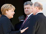 Ангела Меркель, Петр Порошенко и Владимир Путин, 6 июня 2014 г.