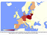 Темно-бордовым цветом - наибольшее влияние - помечены Литва и Польша. Затем - более светлым цветом - отмечены Германия, Нидерланды, Дания, Испания, Бельгия, Финляндия, Франция, Италия, Греция, Австрия и Венгрия
