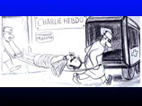 На другой иллюстрации, подписанной "Расстрелянные журналисты "Шарли Эбдо", изображены врачи, выносящие тело человека из комнаты главного редактора, в зубах которого зажат номер Charlie Hebdo