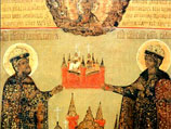 Святые Борис и Глеб с моделью Борисоглебского монастыря. Фрагмент иконы XVII века