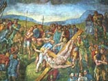 Фреска "Распятие святого Петра" (на фото) и "Обращение святого Павла" украшает стены капеллы Паолина. Заказанные Папой Павлом III и выполненные соответственно в 1545 и 1550 годах, они считаются последними завершенными работами Микеланджело