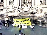 Необычную акцию протеста против браконьерства гринписовцы провели, забравшись в фонтан Триви