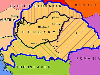 Территория Венгрии до 1920 года (обведена синим цветом) и после 1920 года