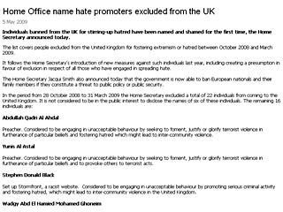 В Великобритании обнародованы имена экстремистов, которым был запрещен въезд в страну в течение пяти месяцев - с октября 2008 года по март 2009 года