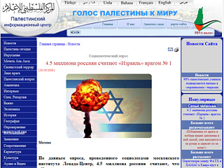 Русскоязычный сайт "Хамас" - "Палестинский информационный центр" - опубликовал статью под заголовком "4,5 миллиона россиян считают Израиль врагом &#8470; 1"