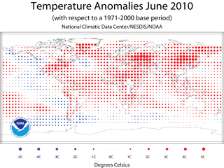 Аномалии температуры воды и суши Земного шара за июнь 2010 года в сравнении со средней температурой июня за период 1971-2000 годов