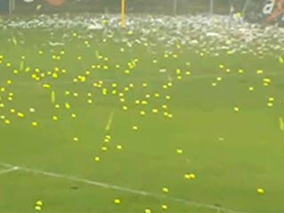 В Швейцарии недовольные болельщики забросали футбольное поле теннисными мячами