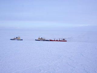 Ледоколы "Адмирал Макаров" и "Красин" в ходе спасательной операции в Сахалинском заливе вывели из ледового плена транспортный рефрижератор "Берег Надежды"