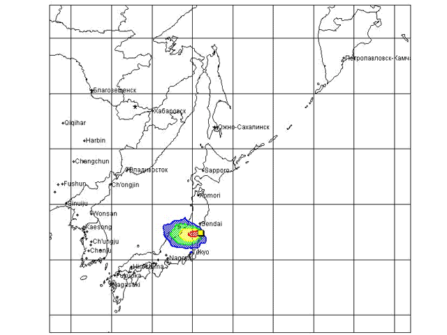 Относительное распределение среднесуточной концентрации I -131 в атмосфере   5 &#8211; 6 мая 2011 года при условном выбросе этого радионуклида активностью 1 Бк   от аварийных блоков АЭС "Фукусима-1"