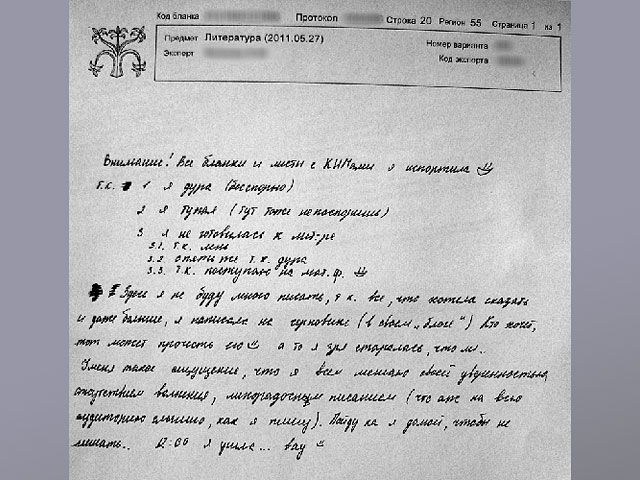 В Омске школьница написала на экзаменационном бланке, отвечая на вопросы ЕГЭ по литературе, что она "дура"