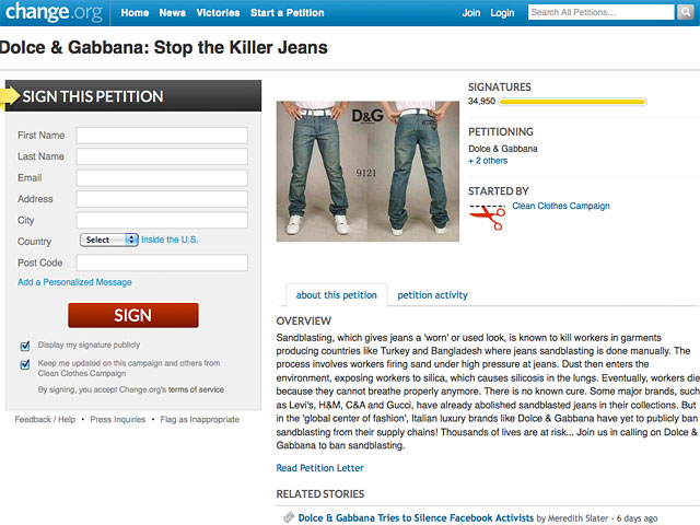 В производстве "джинсов-убийц" дома моды Giorgio Armani, Roberto Cavalli и Dolce & Gabbana авторы петиции "За чистую одежду", около 35 тысяч подписей под которой уже собрано на сайте Change.org