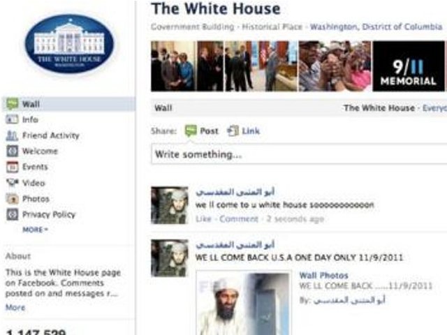 На страничке Белого дома в социальной сети Facebook появились три сообщения от лица террористов с угрозами
