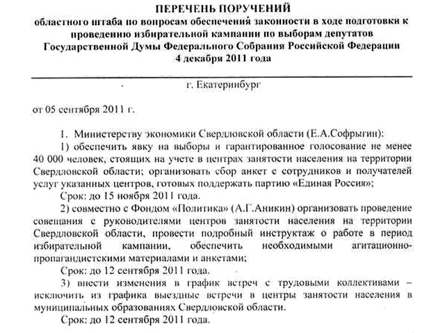 Администрация губернатора Свердловской области требует от региональных министерств обеспечить "Единой России" голоса 60 тысяч человек на думских выборах