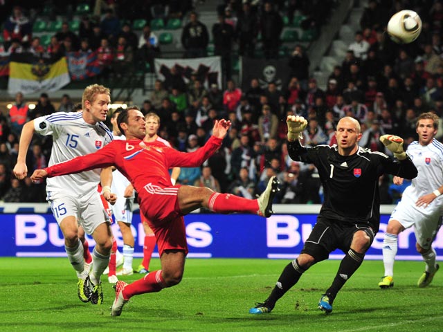 Роман Широков не использует голевой момент в матче со сборной Словакии, 7 октября 2011 года