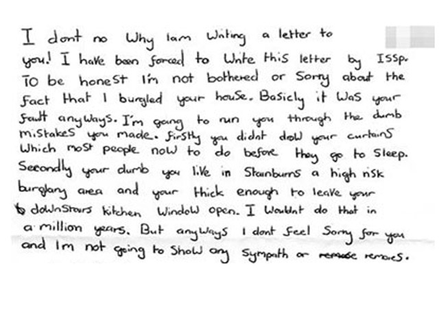 Полиция английского графства Западный Йоркшир опубликовала письмо, написанное 16-летним грабителем после вынесения ему обвинительного приговора