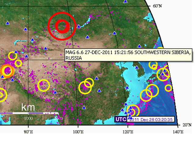 Землетрясение магнитудой 6,7 произошло во вторник в 19:22 в Каа-Хемском районе Тувы в 100 км восточнее Кызыла на глубине 10 км