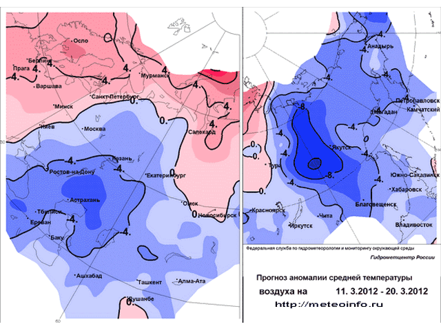Прогноз отклонений средней температуры на декаду (с 11.3.2012 по 20.3.2012) по территории России 