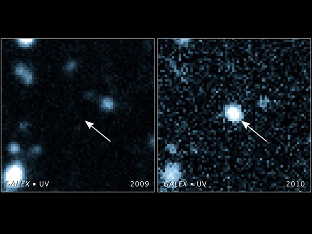 Астрофизики обнаружили первый намек на "трапезу" черной дыры 31 мая 2010 года, когда сразу несколько телескопов зафиксировало ультрафиолетовую вспышку в созвездии Дракона