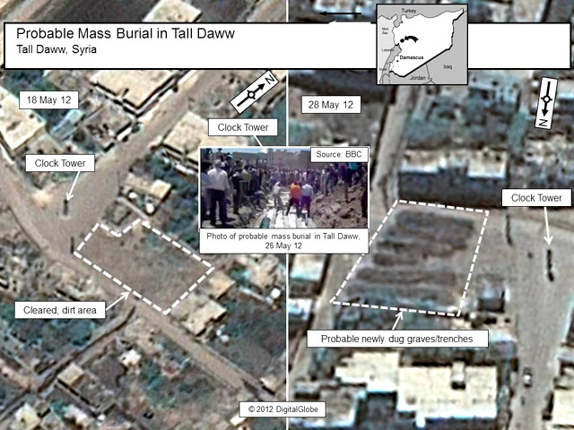 Американский сайт, действующий при поддержке госдепартамента, опубликовал спутниковые снимки, свидетельствующие, как утверждает Вашингтон, о массовых захоронениях и атаках сирийских правительственных сил в гражданских районах