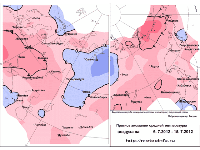 Прогноз аномалий средней температуры на декаду (с 6.7.2012 по 15.7.2012) по территории России 
