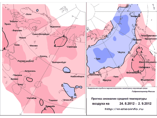 Прогноз аномалий средней температуры на декаду (с 24.8.2012 по 2.9.2012) по территории России 