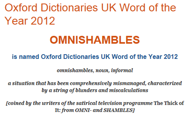 Главный приз ежегодной премии Оксфордского словаря за лучший неологизм достался слову omnishambles