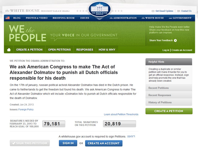 Более 20 тысяч человек поддержали петицию на сайте Белого дома с призывом к конгрессу США составить антиголландский "список Долматова"