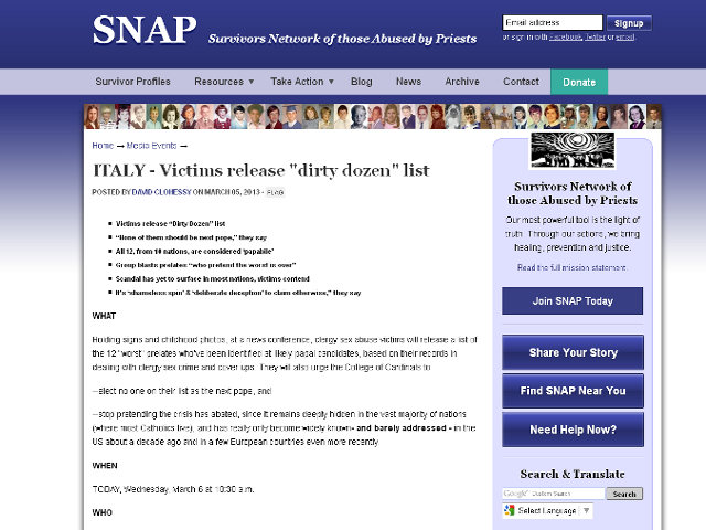 Представители американской сети SNAP, объединяющей жертв надругательств священников-педофилов созвали  накануне в Риме пресс-конференцию, на которой распространили список, названный "Дюжина грязных кардиналов"