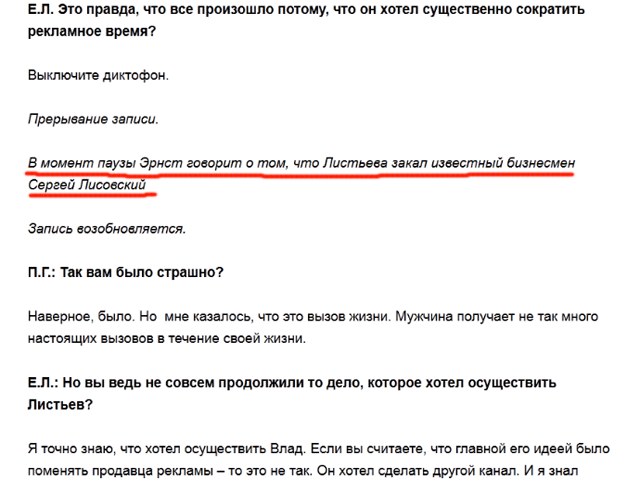 Расшифровка интервью, записанного на диктофон, появилась в блоге журналиста Евгения Левковича на сайте "Сноба" утром 4 апреля, но вскоре была закрыта для незарегистрированных пользователей