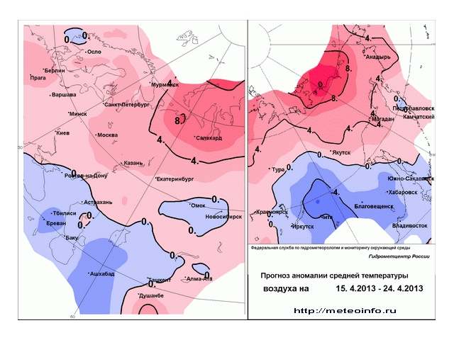 Прогноз аномалий средней температуры на декаду (прогноз отклонений от средних многолетних значений по отношению к соответствующему периоду 1961-1990 гг.)