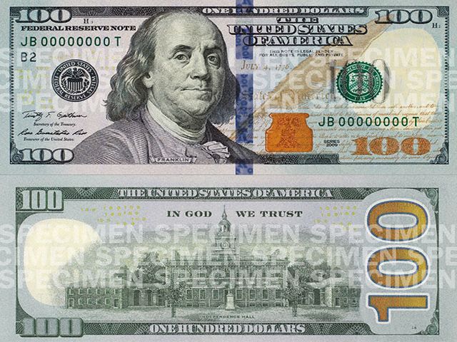Новые технологии защиты бумажных денег от подделки применят на купюре номиналом 100 долларов - на банкноте появится синяя 3-D полоса, на которой будет изображен колокол и цифра 100
