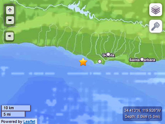 Землетрясение магнитудой 4,6 произошло сегодня рано утром по местному времени на калифорнийской побережье США в 20 км от Санта-Барбары