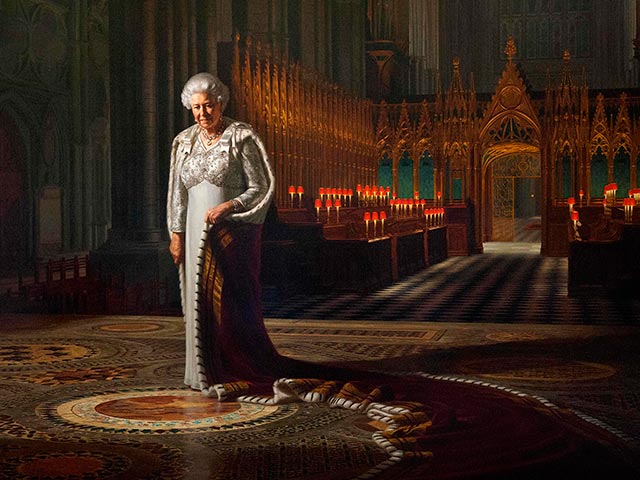 Парадный портрет королевы Елизаветы II, выставленный в Вестминстерском аббатстве в центре Лондона, в четверг забрызгал краской из баллончика представитель организации "Отцы за справедливость" Тим Хэриес